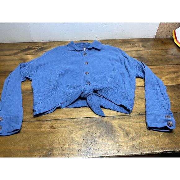 Free People Sunstreaks Tie Front Button Down Blouse Blue Size Large - Picture 1 of 9